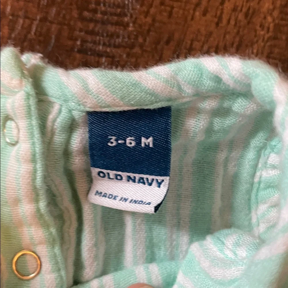 Old Navy Mint and White Striped Baby Romper with Flower Graphic